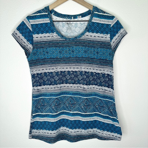 Sherpa T-Shirt Sz S UPF 40 Stretch Scoop Neck Tee Blue Tribal Organic Gorpcore - Picture 1 of 8